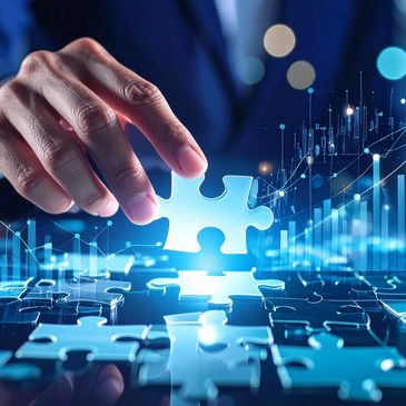 a man putting a futuristic puzzle piece onto a glass board with digital 3d charts displayed