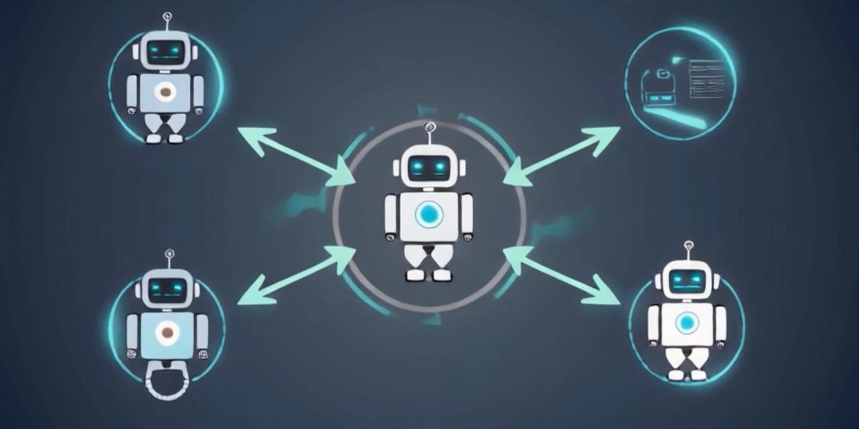 an image of 5 robots laid out in a grid with arrows pointing to eachother illustrating AI connection