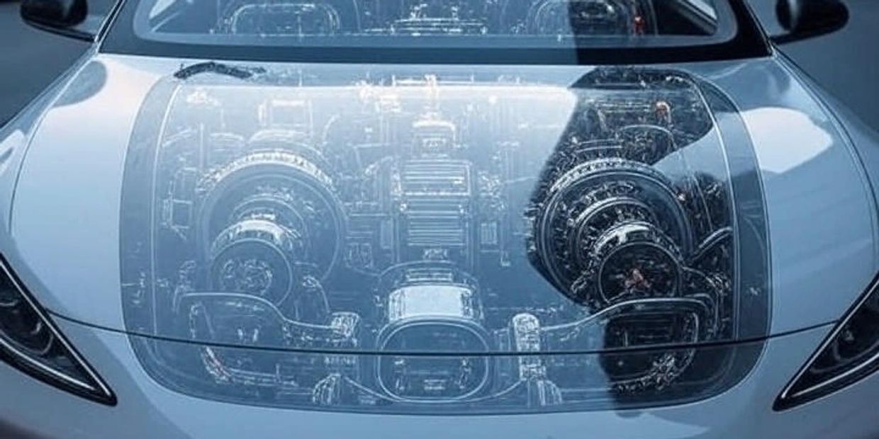 A futuristic car with a transparent hood showing the inner workings of the engine