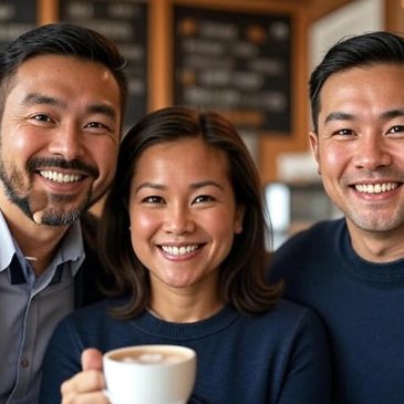 Group of educators happy and having coffee in coffee shop posing due to FQ3C™ helping their students