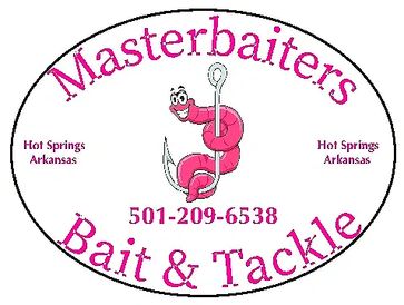 Pink logo  Masterbaiters Bait & Tackle showing a worm on a fishing hook.