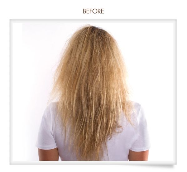 Blonde hair before a Brazilian Blowout at Salon Serenity Spa in Wake Forest, Wakefield Heritage area