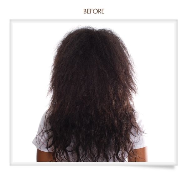 Frizzy long black curly hair before a Brazilian Blowout hair straightener treatment.