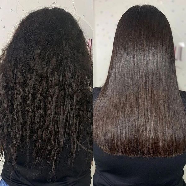 Before and after picture of a keratin treatment. Long Black curly frizzy hair before.