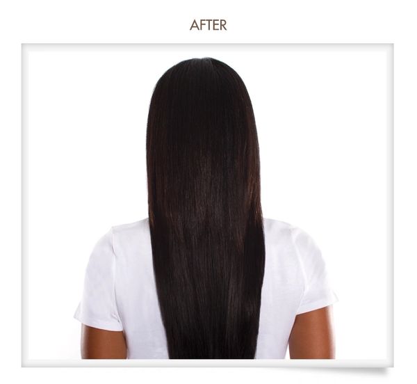 Long black straight hair after a Brazilian Blowout  hair treatment service in Wake Forest hair salon