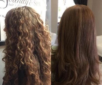 Hair from unhealthy, curly, frizzy, to long straight, healthy, frizz-free with a Brazilian Blowout.