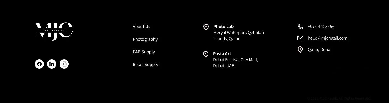 MJC Retail Services contact and location details with social media links on black background.