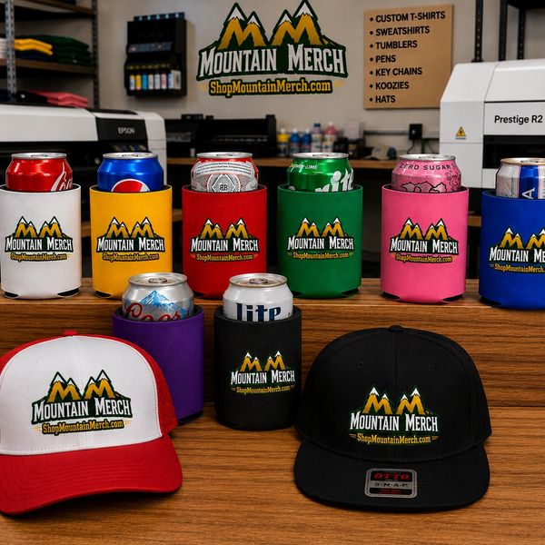 Colorful Mountain Merch branded can coolers and hats.