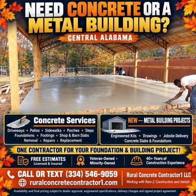 Concrete slab being poured under metal building frame in Central Alabama.