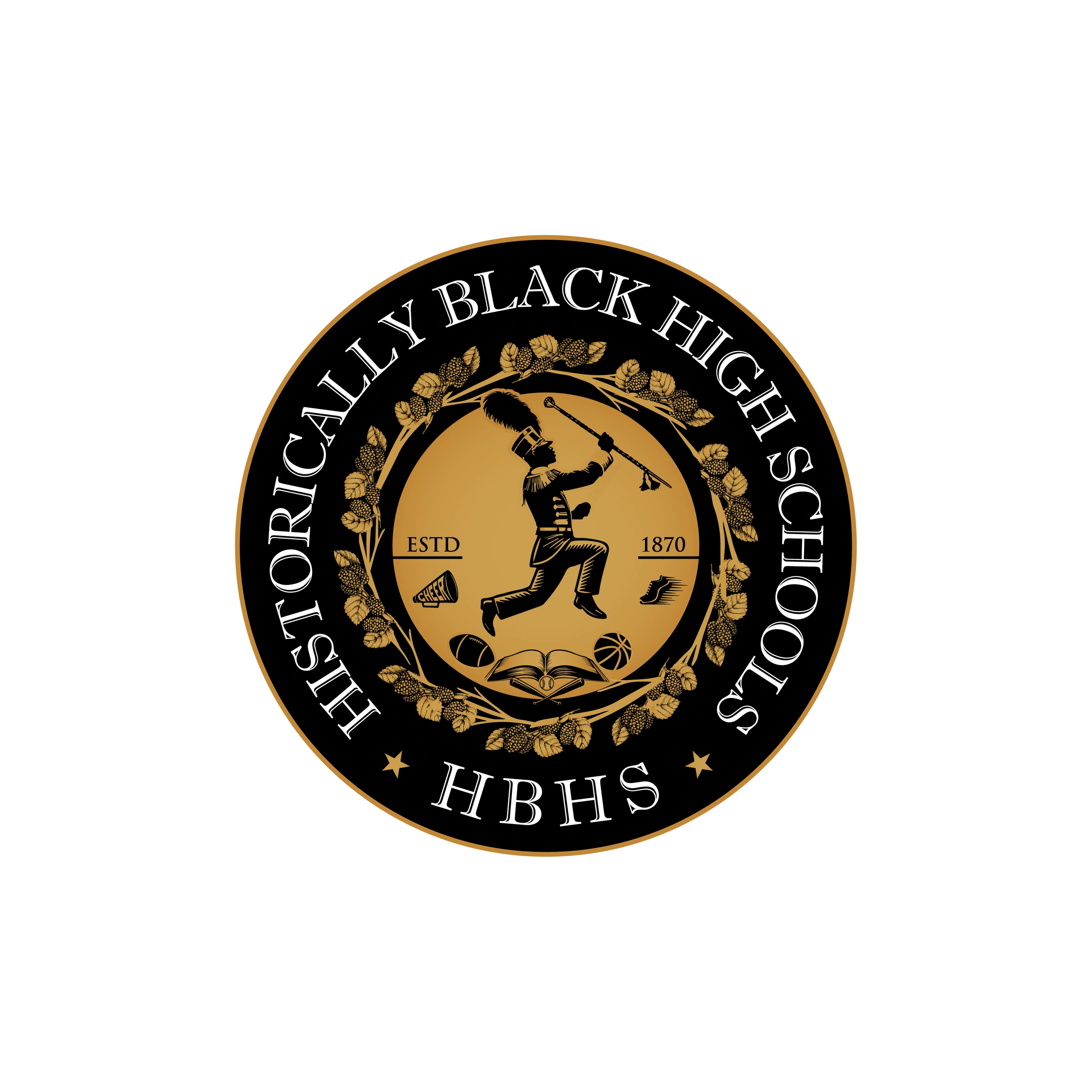 Seal of Historically Black High Schools with marching band member and educational symbols.