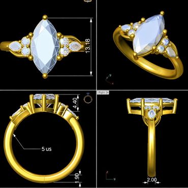 4-view CAD design of a gold ring with a marquise-cut center gem and side stones.