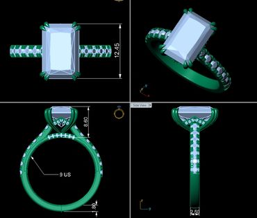 3D CAD ring design with gemstone and measurements.