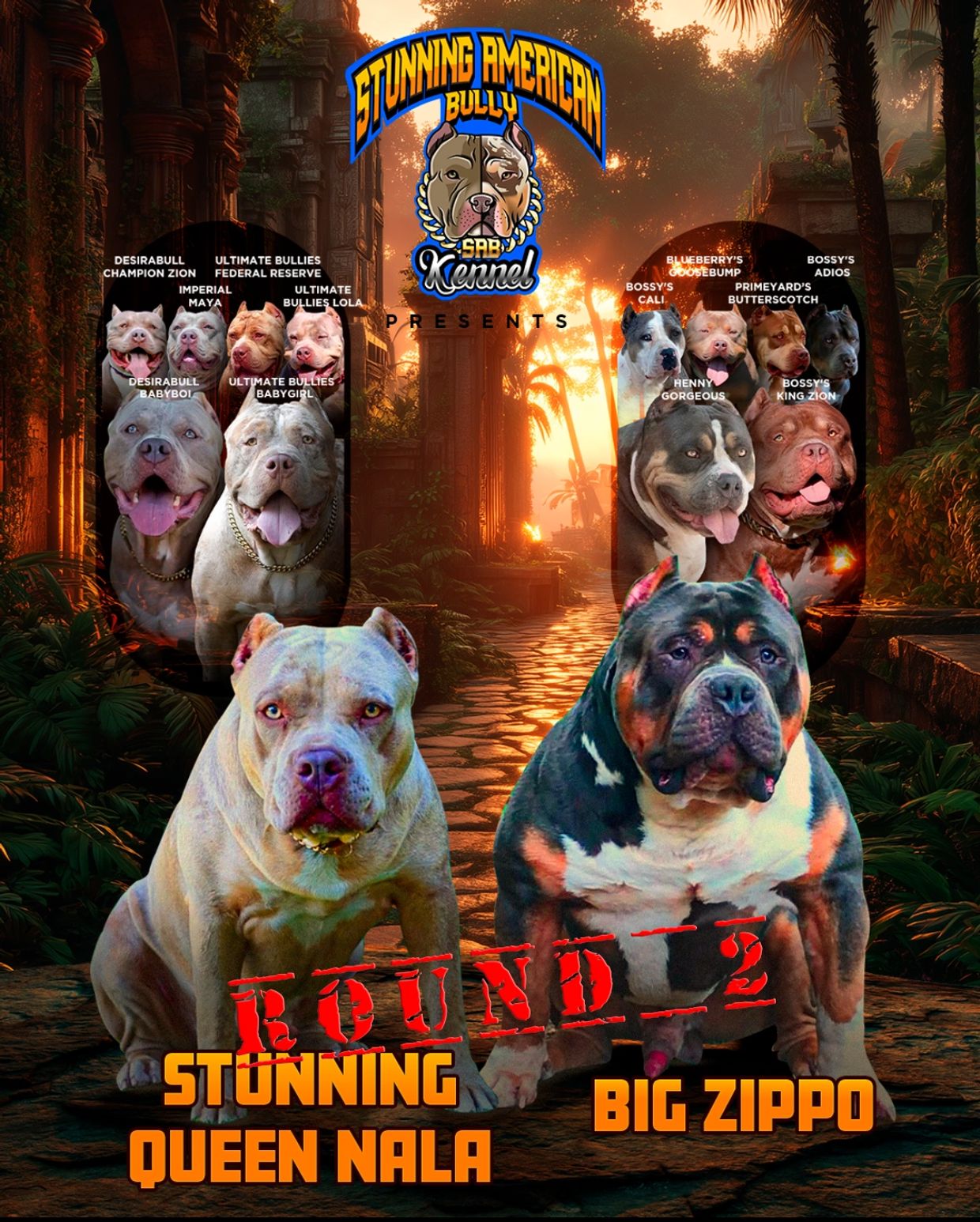 Two American Bully dogs named Stunning Queen Nala and Big Zippo featured in a dramatic promotional image.