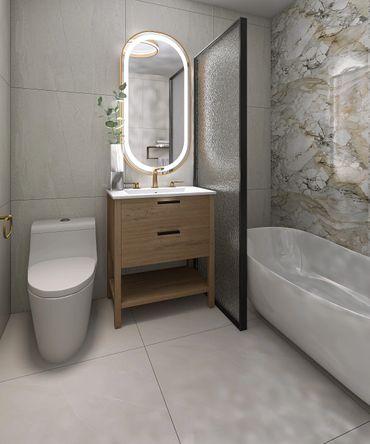 Modern bathroom with wooden vanity, illuminated oval mirror, and marble accent wall.