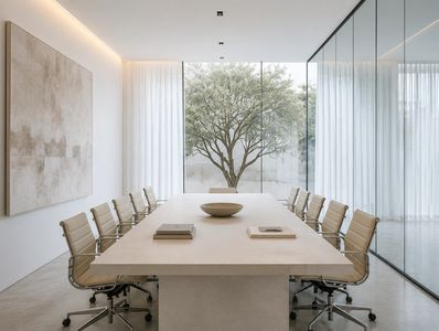 Modern minimalist conference room with large window and tree view.