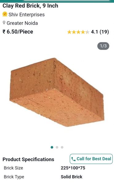 9 inch clay red brick by Shiv Enterprises costing ₹6.50 each.