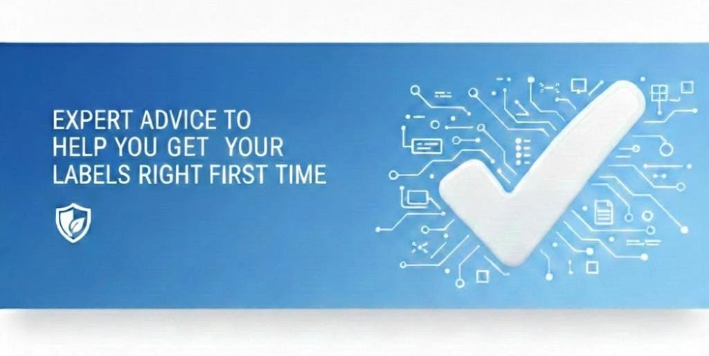Blue banner with expert advice for label accuracy and a digital check mark.