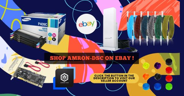 Colorful advertisement for Amron-DSC products on eBay with various tech and electronic items.