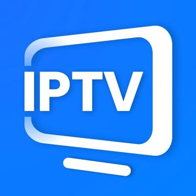 White IPTV logo on a blue background symbolizing digital television.