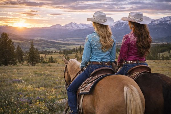 Two cowgirls on horseback watching sunset over mountains.