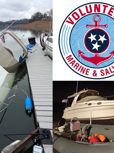 Collage showing a partially submerged boat, a volunteer marine salvage logo, and boats at night.