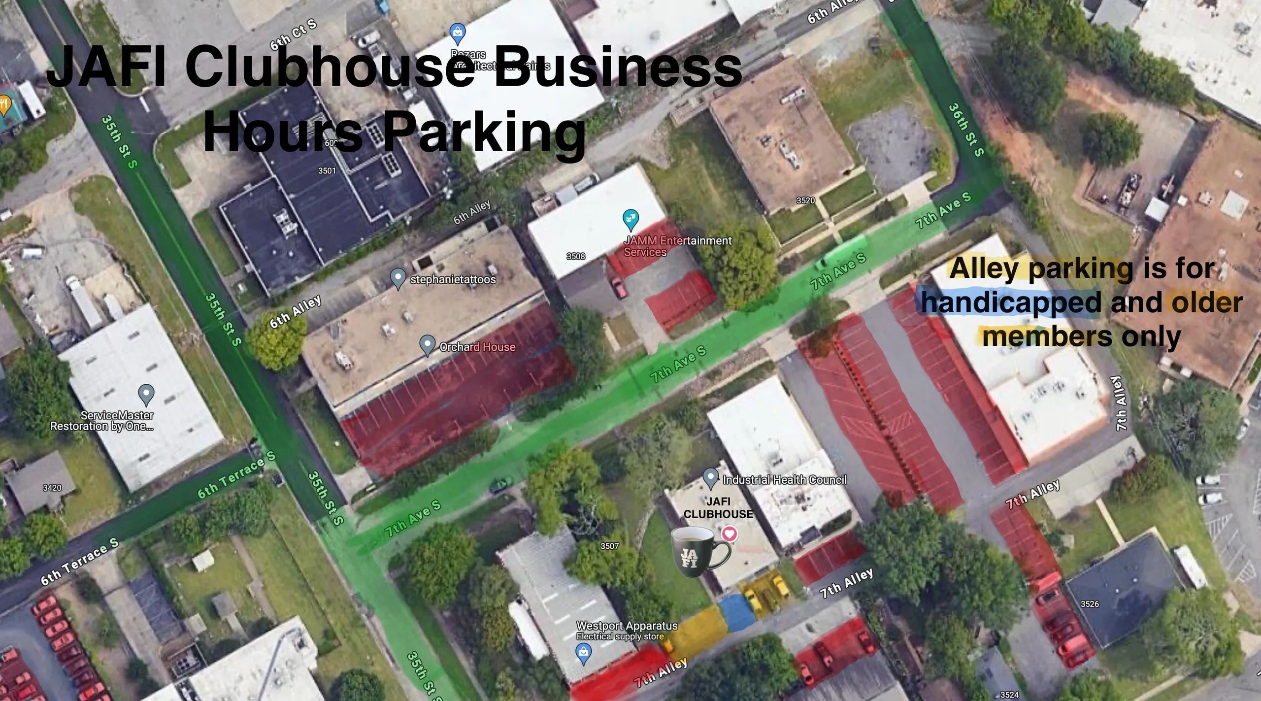 JAFI Clubhouse Business hours parking guidelines birds eye view photo.