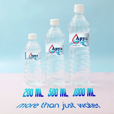 Three sizes of Apya bottled water: 200ml, 500ml, 1000ml.