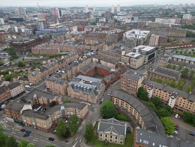 Drone Aerial photo overlooking Glasgow City Centre taken from Glasgow green dji mini 3pro