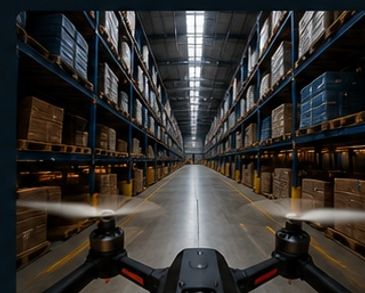 FPV drone flying through a large industrial warehouse facility