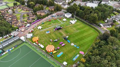 Drone aerial view of an outdoor event venue in Scotland
