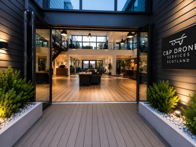 FPV drone fly-through of a modern commercial property in Scotland