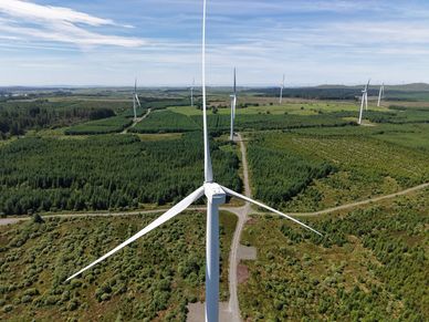Drone view of a wind turbine inspection at a Scottish wind farm by C&P Drone Services Scotland.