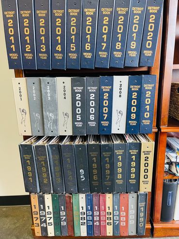 Collection of Detroit Books arranged by model year from 1973 to 2020.