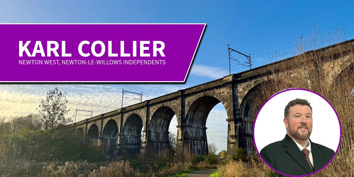 Karl Collier, Newton West candidate, with a historic stone railway viaduct background.
