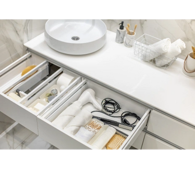 Vanity with organizing tools and solutions