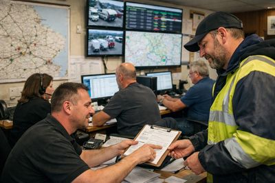 Workers coordinating logistics in a busy control room.