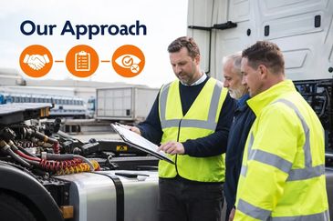 Three workers in safety vests inspecting a truck with the title 'Our Approach'.