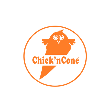 Orange logo of Chick'nCone, featuring a chicken in a cone shape.