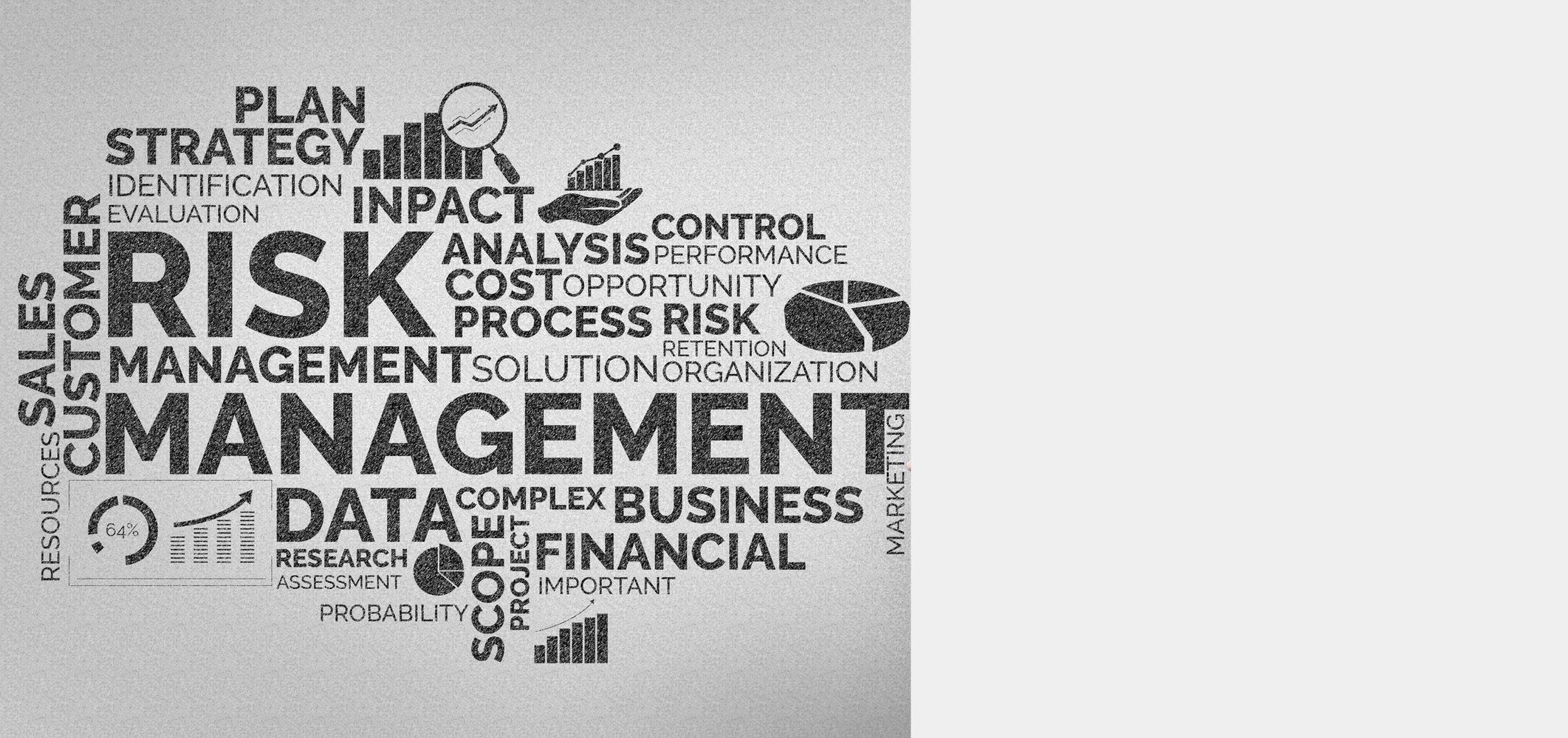 Word cloud focused on risk management, business, and financial terms with charts and graphs.