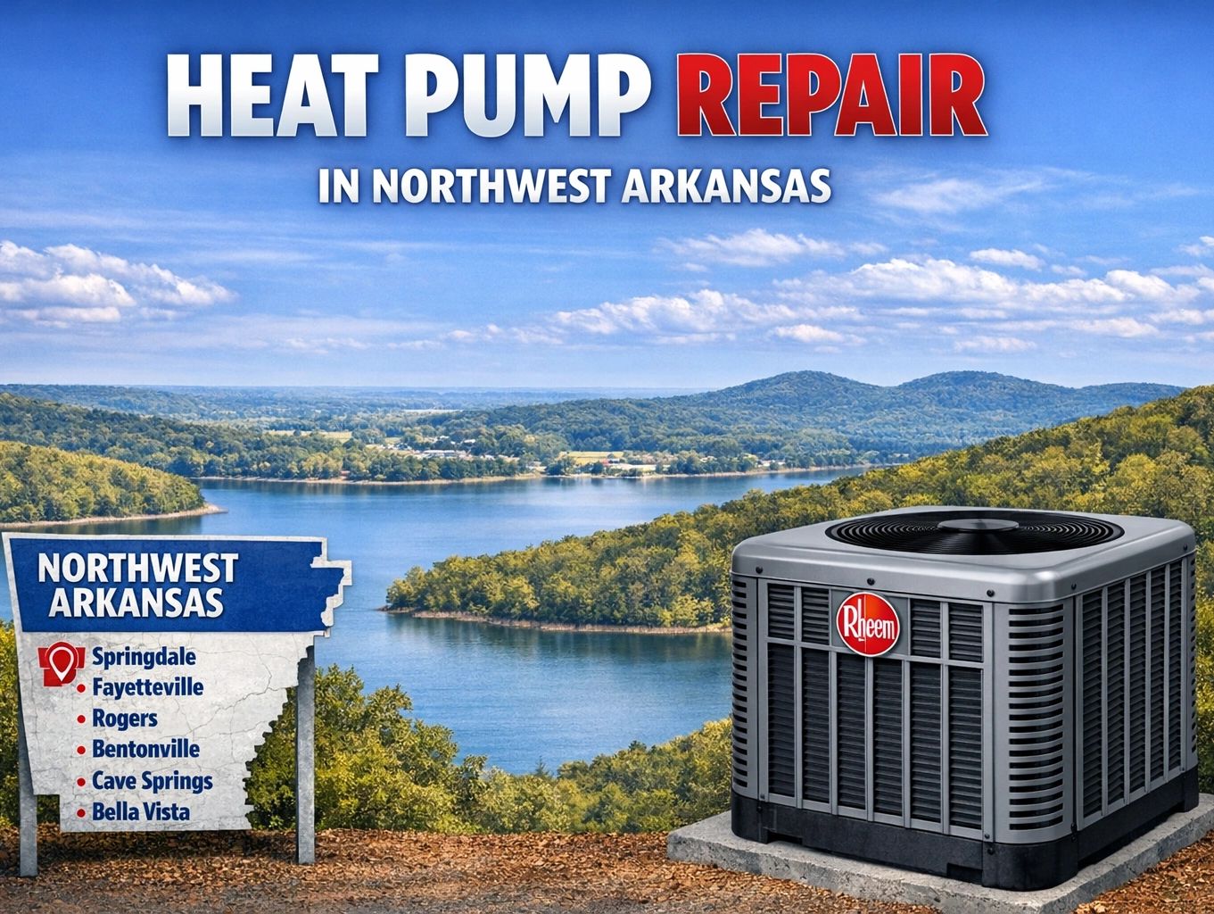 Heat pump repair in northwest Arkansas, beaver lake in the back ground