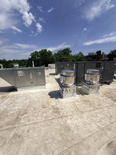 Rooftop of a restaurant in Fayetteville Arkansas with HVAC systems.