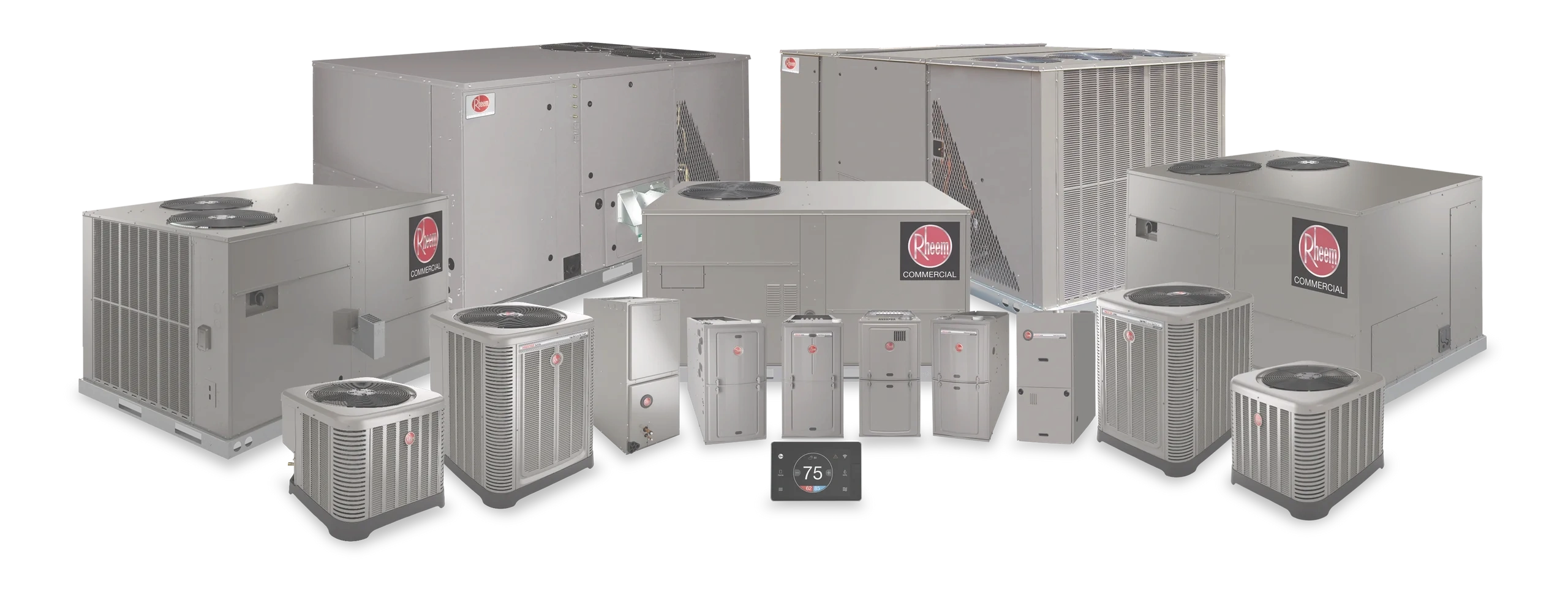 Various Rheem HVAC units grouped together.
