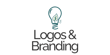 Image of Text: "Logos & Branding" with a creative light bulb and leaf graphic.