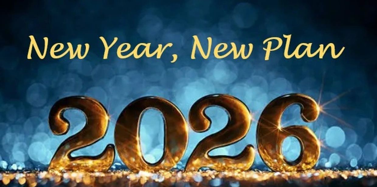 Golden 2026 numbers with New Year, New Plan text on blue background.
