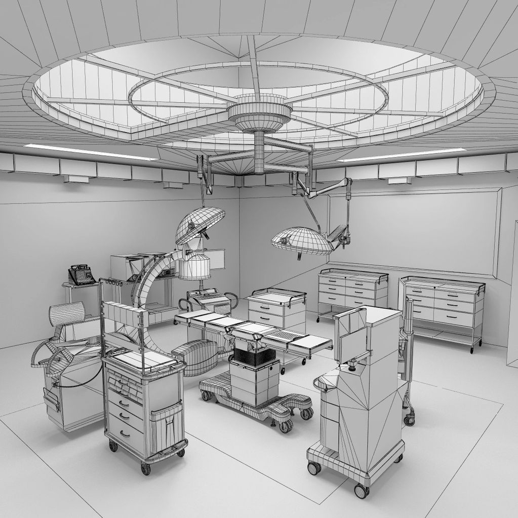 Wireframe 3D model of a modern operating room with surgical equipment.