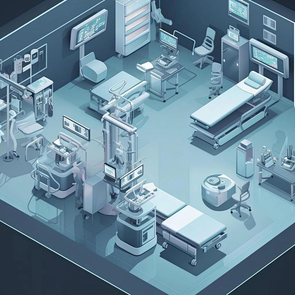 Futuristic medical lab with advanced equipment and robotic assistance.