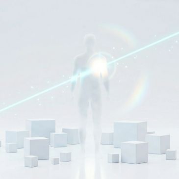 A translucent human figure surrounded by white cubes and a glowing beam of light.