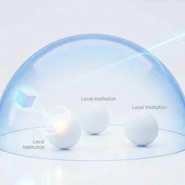 A protective dome shields local institutions from an algorithm represented by a cube.