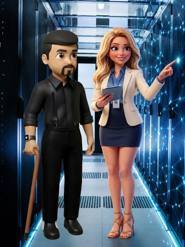 Hombre y mujer animados en un servidor de datos.