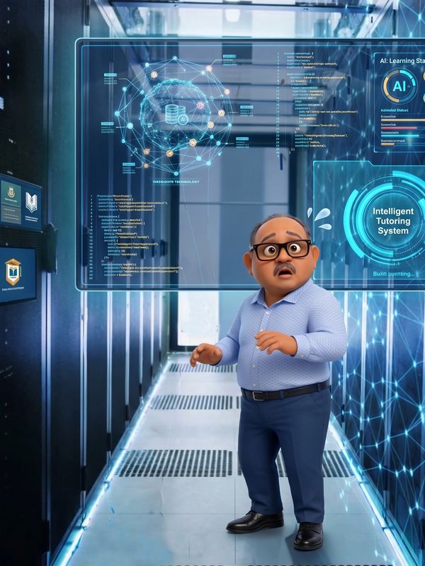 Hombre preocupado frente a tecnología de inteligencia artificial.